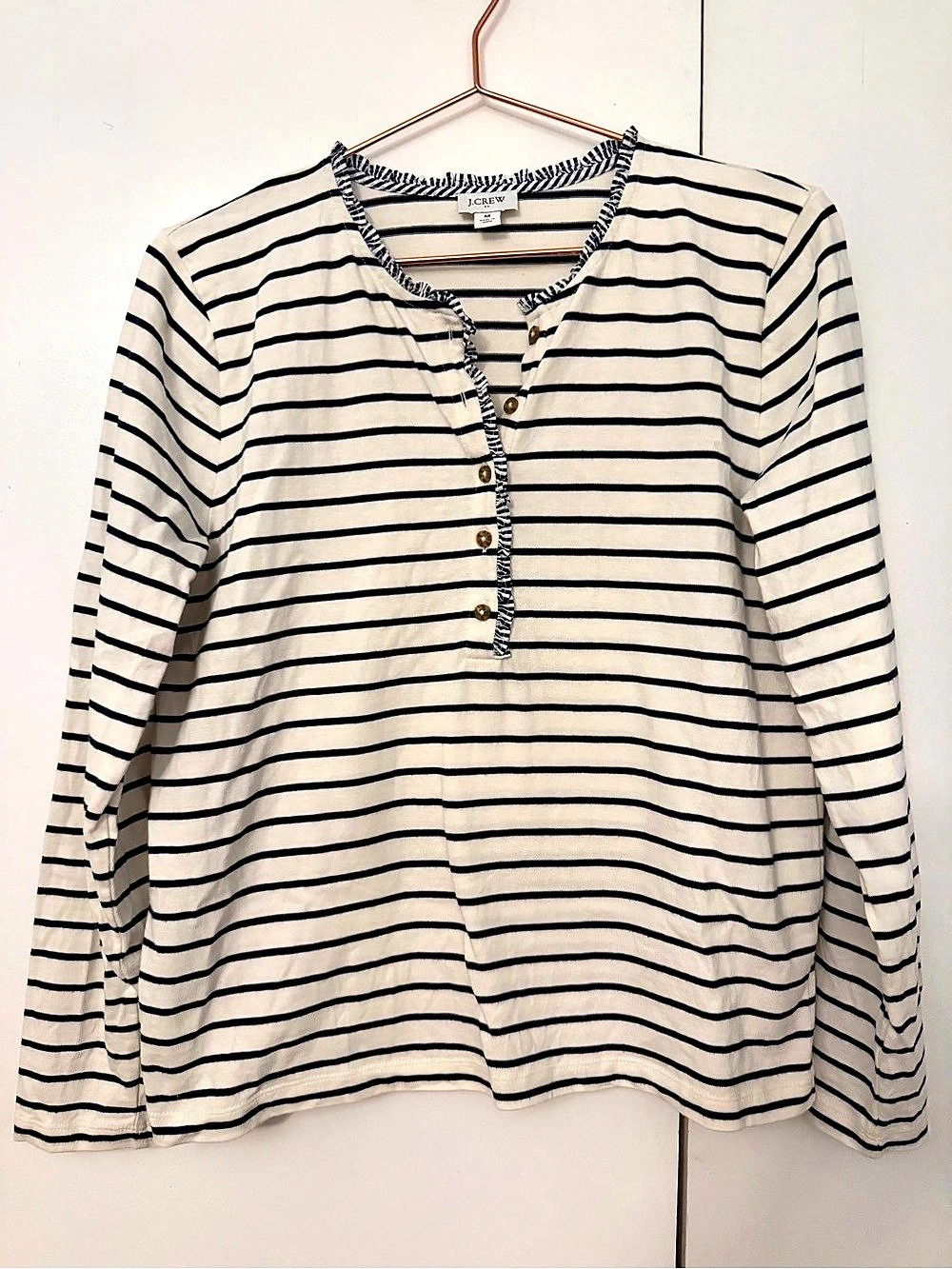 J.Crew Striped ruffle-collar henley Long Sleeve Top White & Blue Medium